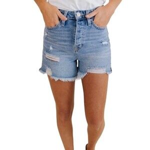 YMI Mom Fit Distressed High Rise Cutoff Raw Hem Denim Jean Shorts Button Fly